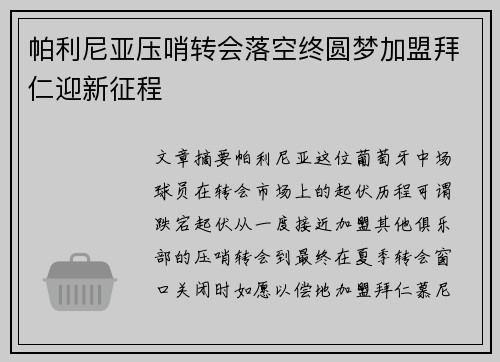 帕利尼亚压哨转会落空终圆梦加盟拜仁迎新征程