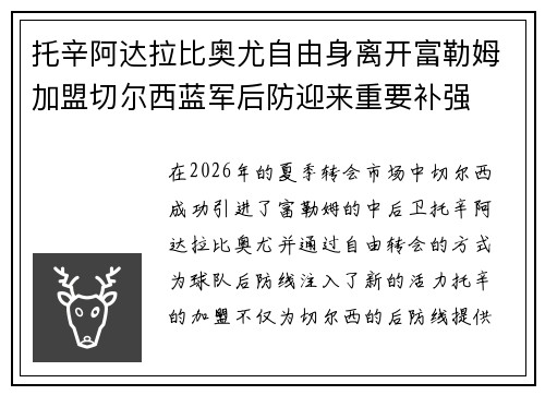 托辛阿达拉比奥尤自由身离开富勒姆加盟切尔西蓝军后防迎来重要补强 托辛阿达拉比奥尤自由身离开富勒姆加盟切尔西蓝军后防迎来重要补强